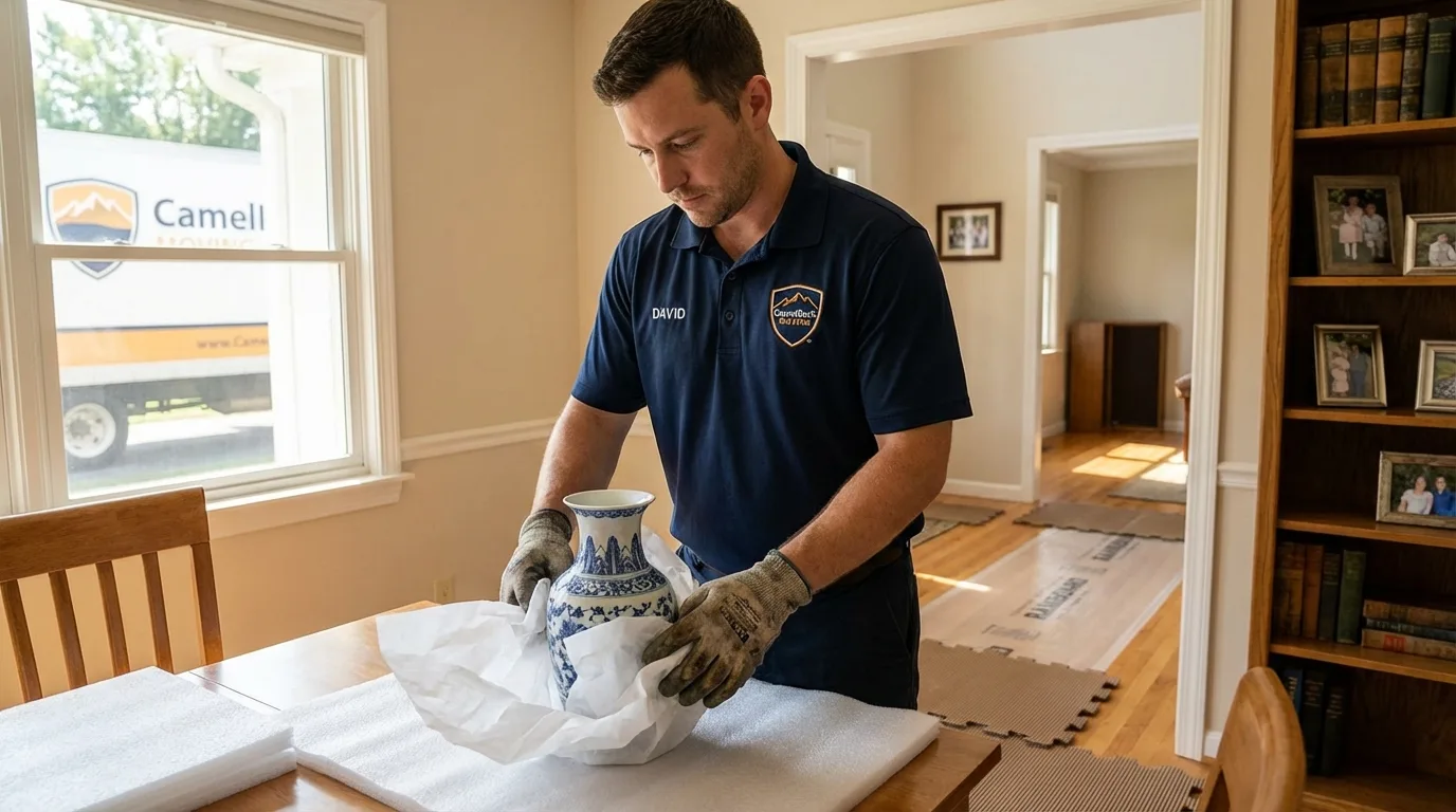 Professional crew carefully wrapping antique vase for senior downsizing move in Bryans Road, MD